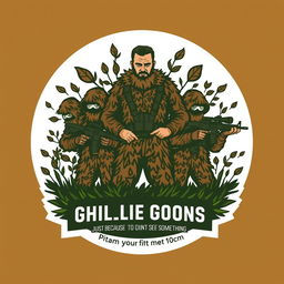 A logo design for a Ghillie Goon team featuring a tall man amidst a group of four, all wearing brown and green ghillie suits that include subtle leaves, designed to look lightweight and not overly bulky