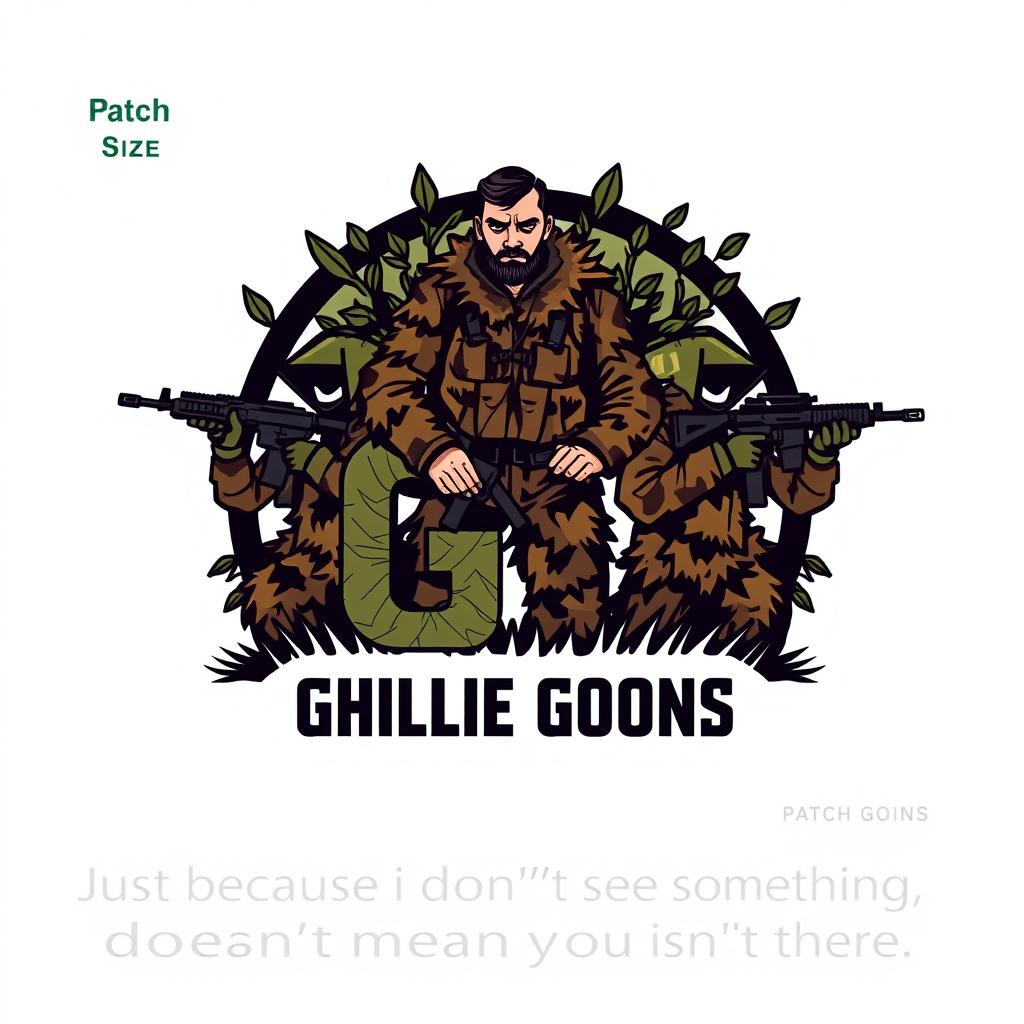 A logo design for a Ghillie Goon team featuring a tall man amidst a group of four, all wearing brown and green ghillie suits that include subtle leaves, designed to look lightweight and not overly bulky