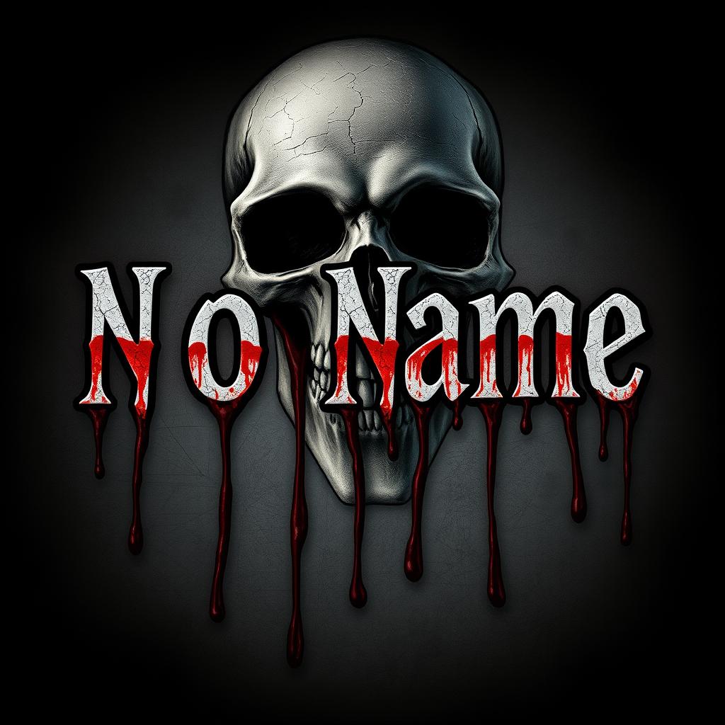 The words 'No Name' in bold, dripping with blood cascading down, set against an ominous background featuring a skull that adds a dark, eerie vibe
