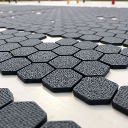 Hexagonal black rubber granulate tiles arranged in a visually appealing pattern, showcasing their texture and design