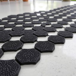 Hexagonal black rubber granulate tiles arranged in a visually appealing pattern, showcasing their texture and design