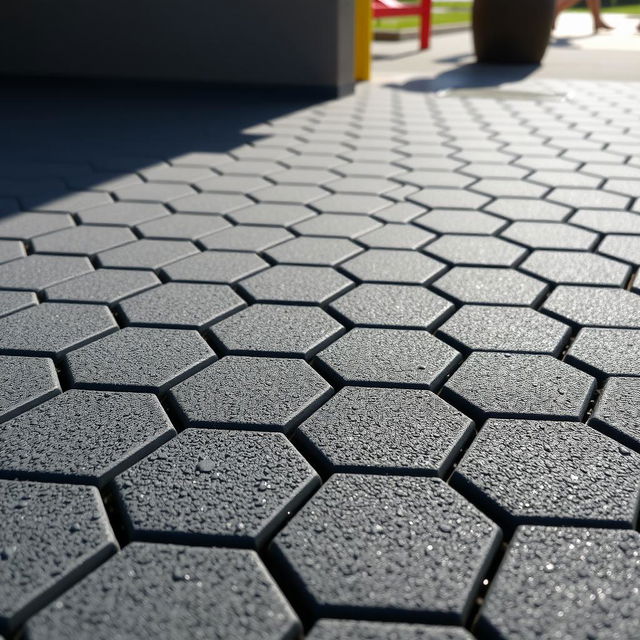 Hexagonal black rubber granulate tiles arranged in a visually appealing pattern, showcasing their texture and design