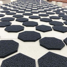Hexagonal black rubber granulate tiles arranged in a visually appealing pattern, showcasing their texture and design