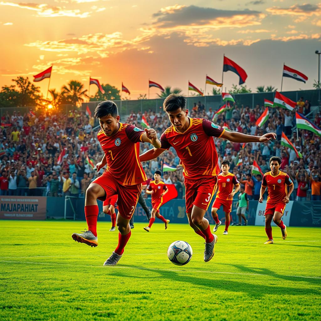 A dynamic and powerful scene featuring the Majapahit national football team, showcasing players in vibrant red and yellow jerseys, actively playing on a lush green football field