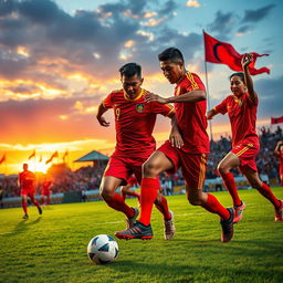 A dynamic and powerful scene featuring the Majapahit national football team, showcasing players in vibrant red and yellow jerseys, actively playing on a lush green football field