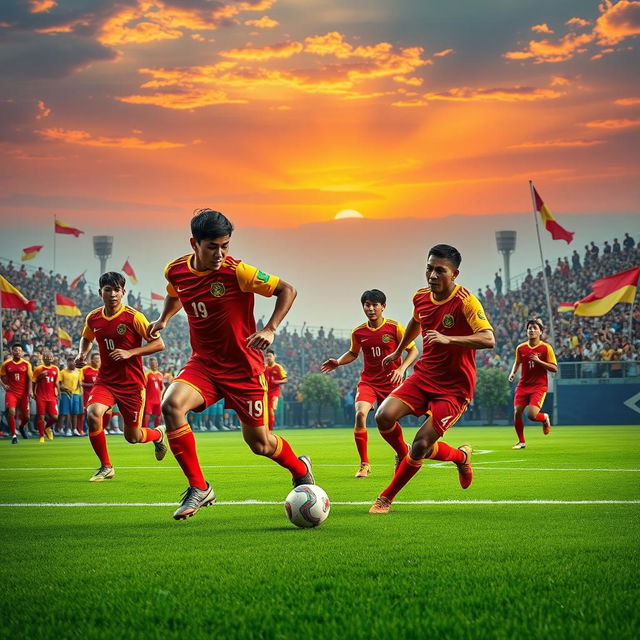 A dynamic and powerful scene featuring the Majapahit national football team, showcasing players in vibrant red and yellow jerseys, actively playing on a lush green football field