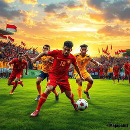 A dynamic and powerful scene featuring the Majapahit national football team, showcasing players in vibrant red and yellow jerseys, actively playing on a lush green football field