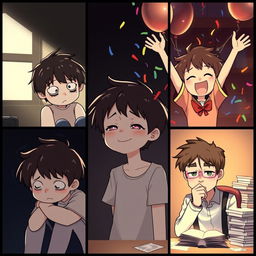 A character exhibiting three distinct emotional states: 1