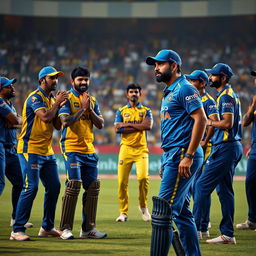 A dramatic scene on a cricket field depicting a heated confrontation between Sri Lankan cricket players and India’s Rohit Sharma