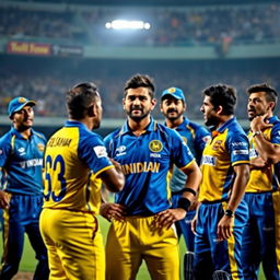 A dramatic scene on a cricket field depicting a heated confrontation between Sri Lankan cricket players and India’s Rohit Sharma