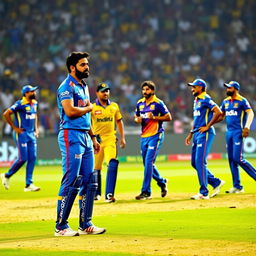 A dramatic scene on a cricket field depicting a heated confrontation between Sri Lankan cricket players and India’s Rohit Sharma