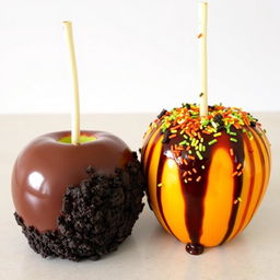 Two apples side by side, one coated with chocolate and crushed Oreo, the other drizzled with chamoy and sprinkled with Tajín
