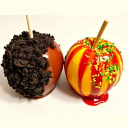 Two apples side by side, one coated with chocolate and crushed Oreo, the other drizzled with chamoy and sprinkled with Tajín