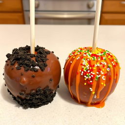 Two apples side by side, one coated with chocolate and crushed Oreo, the other drizzled with chamoy and sprinkled with Tajín