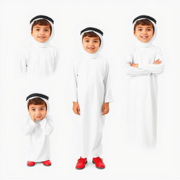 A full-body image of a 6-year-old boy wearing a traditional white thobe, a white ghutrah (headscarf), and an agal (black headband)