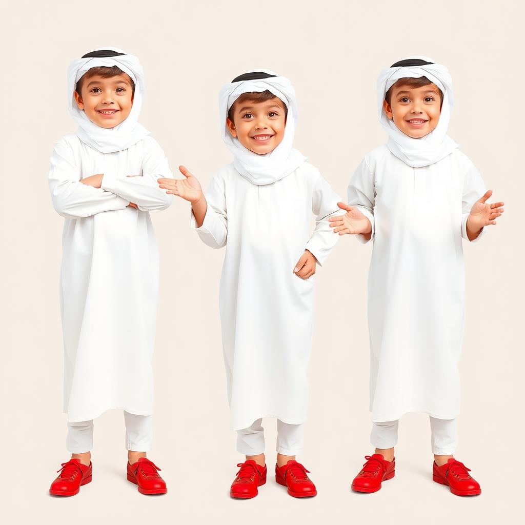 A full-body image of a 6-year-old boy wearing a traditional white thobe, a white ghutrah (headscarf), and an agal (black headband)