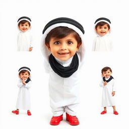 A full-body image of a 6-year-old boy wearing a traditional white thobe, a white ghutrah (headscarf), and an agal (black headband)