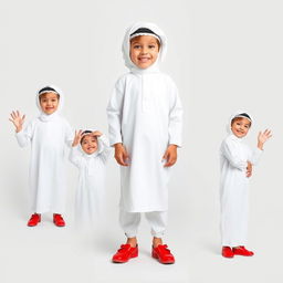 A full-body image of a 6-year-old boy wearing a traditional white thobe, a white ghutrah (headscarf), and an agal (black headband)