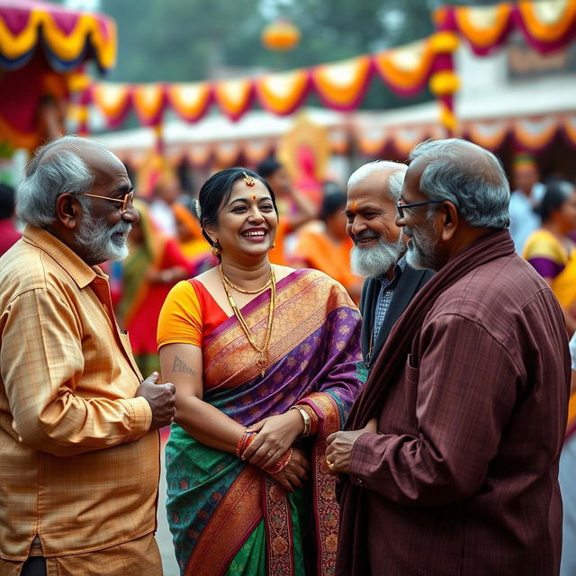 An intimate scene of a traditional Indian woman dressed in colorful traditional attire, exuding elegance and grace