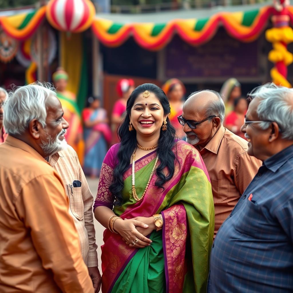 An intimate scene of a traditional Indian woman dressed in colorful traditional attire, exuding elegance and grace