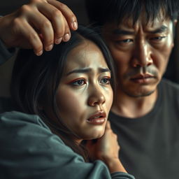 A dramatic and emotional scene depicting a tense moment between a Chinese man and an attractive woman