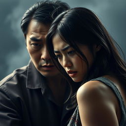 A dramatic and emotional scene depicting a tense moment between a Chinese man and an attractive woman