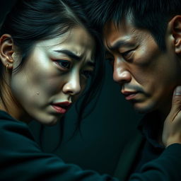 A dramatic and emotional scene depicting a tense moment between a Chinese man and an attractive woman