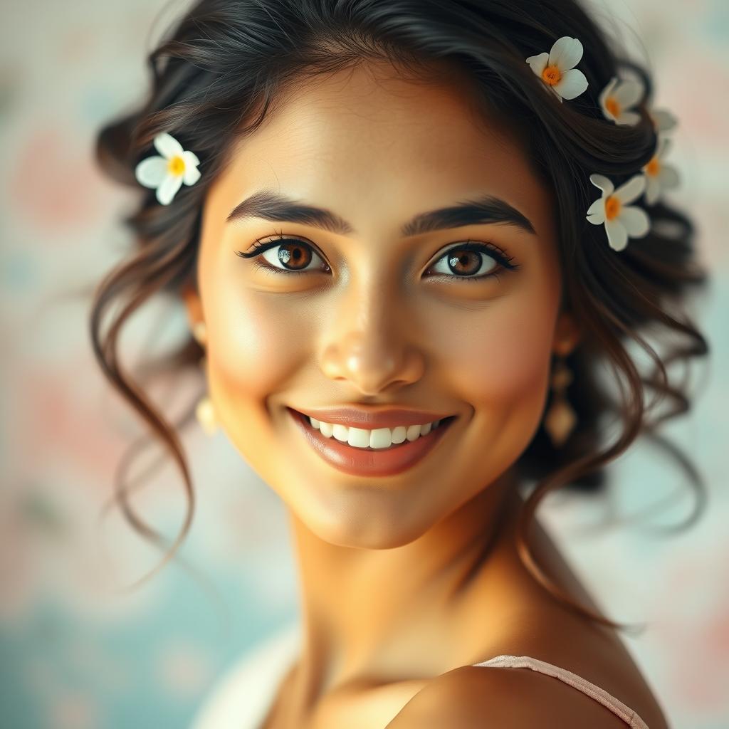 A stunning portrait of a young woman inspired by Desi Nurfita, showcasing beautiful features and an enchanting expression