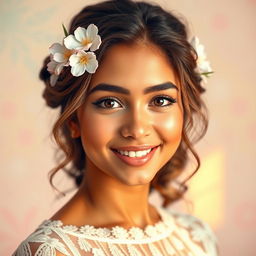 A stunning portrait of a young woman inspired by Desi Nurfita, showcasing beautiful features and an enchanting expression