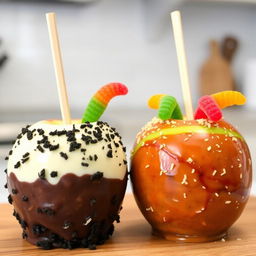 Two delicious apples, one coated in a mix of white and dark chocolate with finely crushed Oreo crumbs sprinkled on top, and the other apple coated with tangy chamoy sauce and sprinkled with Tajín
