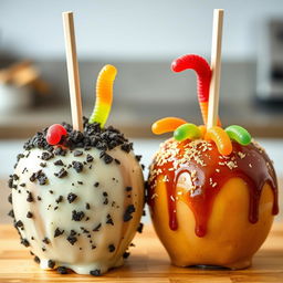 Two delicious apples, one coated in a mix of white and dark chocolate with finely crushed Oreo crumbs sprinkled on top, and the other apple coated with tangy chamoy sauce and sprinkled with Tajín