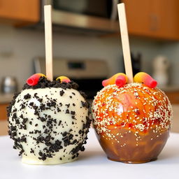 Two delicious apples, one coated in a mix of white and dark chocolate with finely crushed Oreo crumbs sprinkled on top, and the other apple coated with tangy chamoy sauce and sprinkled with Tajín