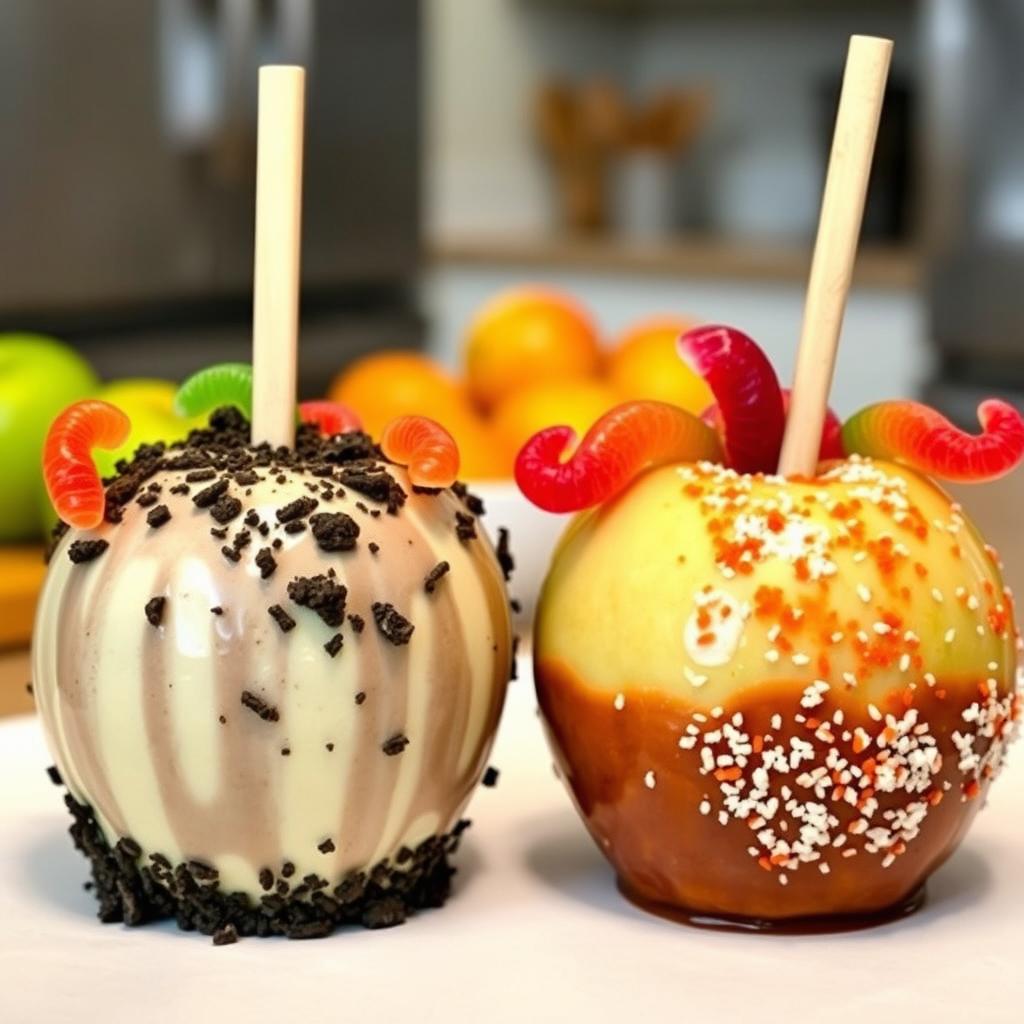 Two delicious apples, one coated in a mix of white and dark chocolate with finely crushed Oreo crumbs sprinkled on top, and the other apple coated with tangy chamoy sauce and sprinkled with Tajín