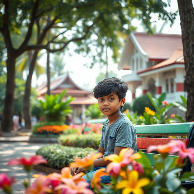 A serene scene capturing a young boy sitting alone in Colombo, Sri Lanka