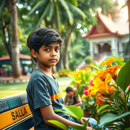 A serene scene capturing a young boy sitting alone in Colombo, Sri Lanka