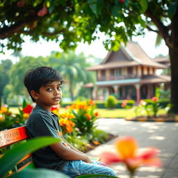 A serene scene capturing a young boy sitting alone in Colombo, Sri Lanka