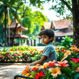 A serene scene capturing a young boy sitting alone in Colombo, Sri Lanka