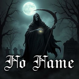 The words 'No Name' elegantly displayed in the foreground, surrounded by a dark and eerie atmosphere, featuring a personified figure of Death in a tattered black cloak, wielding a scythe, gracefully reaping a glowing soul amidst a misty, moonlit graveyard