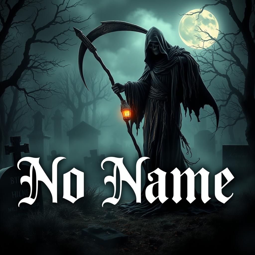 The words 'No Name' elegantly displayed in the foreground, surrounded by a dark and eerie atmosphere, featuring a personified figure of Death in a tattered black cloak, wielding a scythe, gracefully reaping a glowing soul amidst a misty, moonlit graveyard