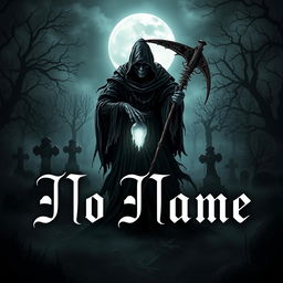 The words 'No Name' elegantly displayed in the foreground, surrounded by a dark and eerie atmosphere, featuring a personified figure of Death in a tattered black cloak, wielding a scythe, gracefully reaping a glowing soul amidst a misty, moonlit graveyard