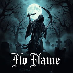 The words 'No Name' elegantly displayed in the foreground, surrounded by a dark and eerie atmosphere, featuring a personified figure of Death in a tattered black cloak, wielding a scythe, gracefully reaping a glowing soul amidst a misty, moonlit graveyard