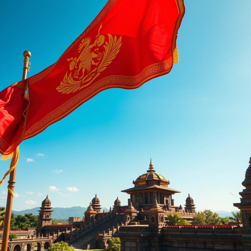 An artistic representation of the Majapahit Empire's flag featuring a majestic depiction of its traditional colors and emblem