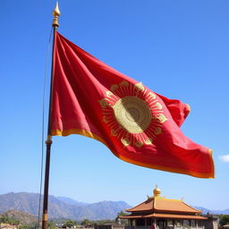An artistic representation of the Majapahit Empire's flag featuring a majestic depiction of its traditional colors and emblem