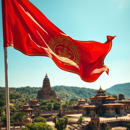 An artistic representation of the Majapahit Empire's flag featuring a majestic depiction of its traditional colors and emblem