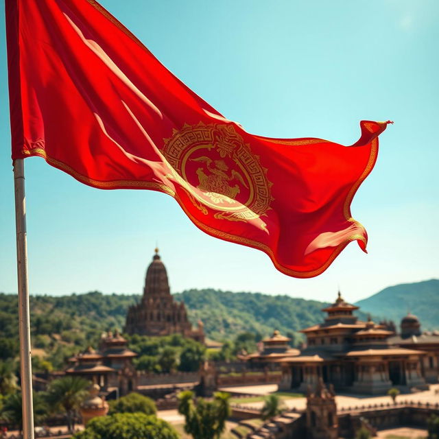 An artistic representation of the Majapahit Empire's flag featuring a majestic depiction of its traditional colors and emblem