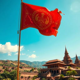 An artistic representation of the Majapahit Empire's flag featuring a majestic depiction of its traditional colors and emblem