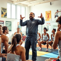A dynamic scene of coach Akram Al-Harazi in a training room, gesturing passionately as he motivates a group of athletes