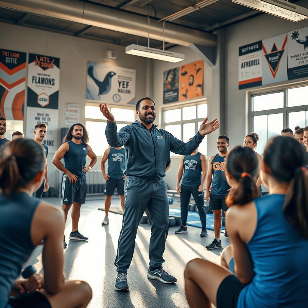 A dynamic scene of coach Akram Al-Harazi in a training room, gesturing passionately as he motivates a group of athletes