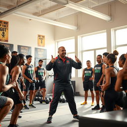 A dynamic scene of coach Akram Al-Harazi in a training room, gesturing passionately as he motivates a group of athletes