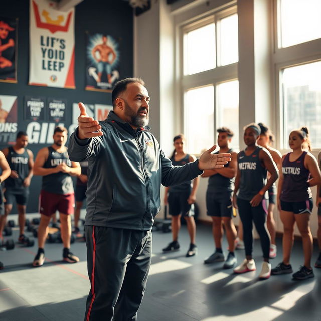 A dynamic scene of coach Akram Al-Harazi in a training room, gesturing passionately as he motivates a group of athletes